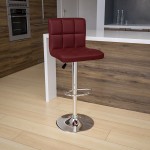 Contemporary Burgundy Quilted Vinyl Adjustable Height Barstool with Chrome Base