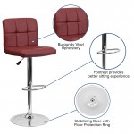 Contemporary Burgundy Quilted Vinyl Adjustable Height Barstool with Chrome Base