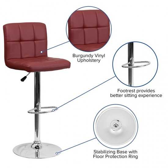 Contemporary Burgundy Quilted Vinyl Adjustable Height Barstool with Chrome Base