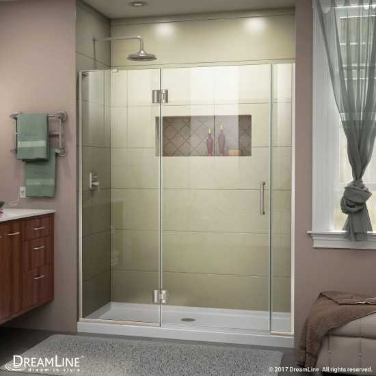 Unidoor-X 53 1/2-54 in. W x 72 in. H Frameless Hinged Shower Door in Brushed Nickel