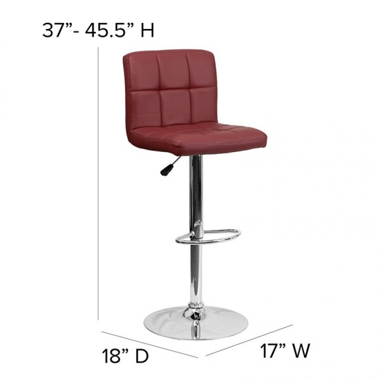 Contemporary Burgundy Quilted Vinyl Adjustable Height Barstool with Chrome Base