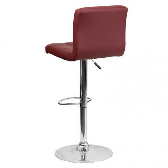 Contemporary Burgundy Quilted Vinyl Adjustable Height Barstool with Chrome Base