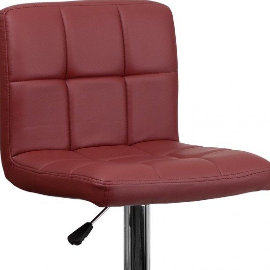 Contemporary Burgundy Quilted Vinyl Adjustable Height Barstool with Chrome Base