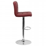 Contemporary Burgundy Quilted Vinyl Adjustable Height Barstool with Chrome Base