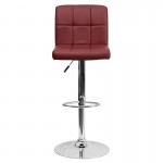 Contemporary Burgundy Quilted Vinyl Adjustable Height Barstool with Chrome Base