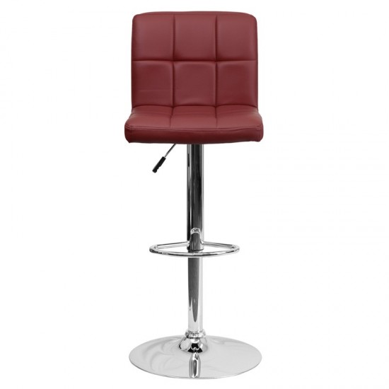 Contemporary Burgundy Quilted Vinyl Adjustable Height Barstool with Chrome Base