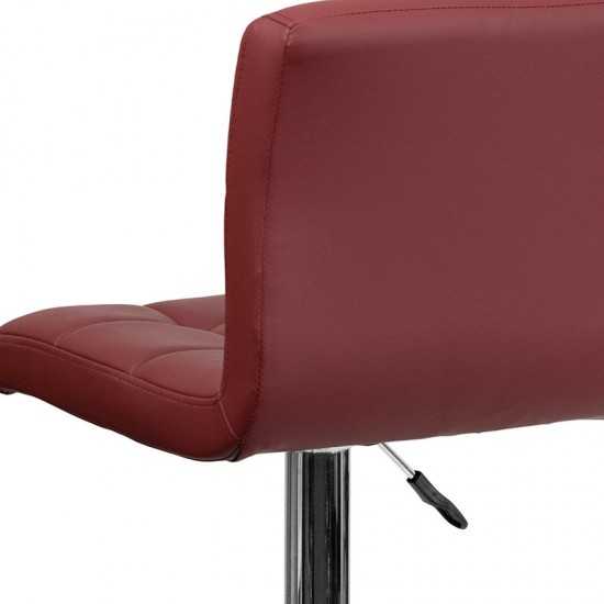 Contemporary Burgundy Quilted Vinyl Adjustable Height Barstool with Chrome Base