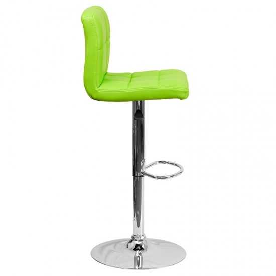 Contemporary Green Quilted Vinyl Adjustable Height Barstool with Chrome Base