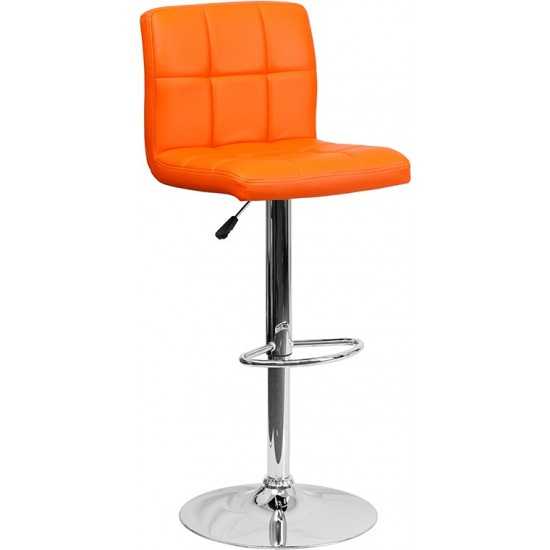 Contemporary Orange Quilted Vinyl Adjustable Height Barstool with Chrome Base