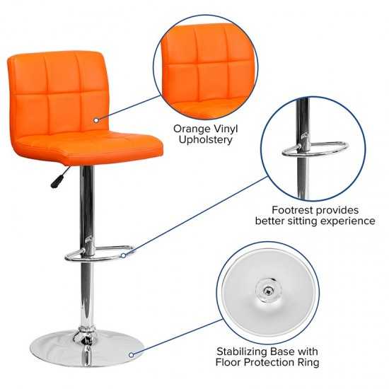 Contemporary Orange Quilted Vinyl Adjustable Height Barstool with Chrome Base