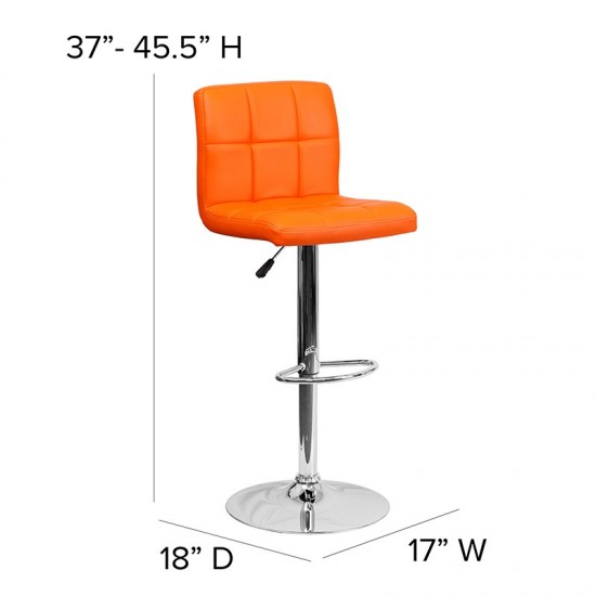 Contemporary Orange Quilted Vinyl Adjustable Height Barstool with Chrome Base