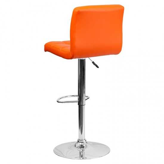Contemporary Orange Quilted Vinyl Adjustable Height Barstool with Chrome Base