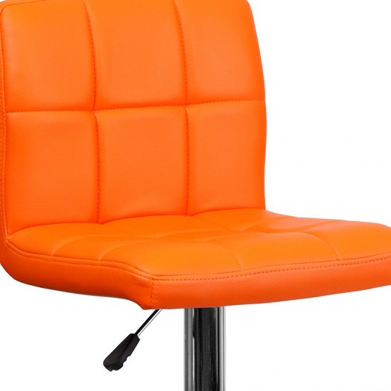 Contemporary Orange Quilted Vinyl Adjustable Height Barstool with Chrome Base