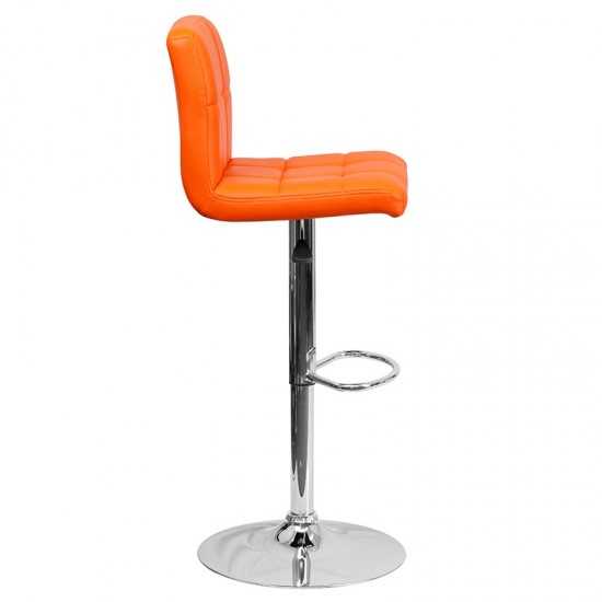 Contemporary Orange Quilted Vinyl Adjustable Height Barstool with Chrome Base