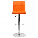 Contemporary Orange Quilted Vinyl Adjustable Height Barstool with Chrome Base