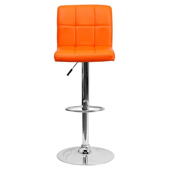 Contemporary Orange Quilted Vinyl Adjustable Height Barstool with Chrome Base