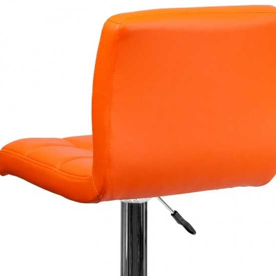 Contemporary Orange Quilted Vinyl Adjustable Height Barstool with Chrome Base