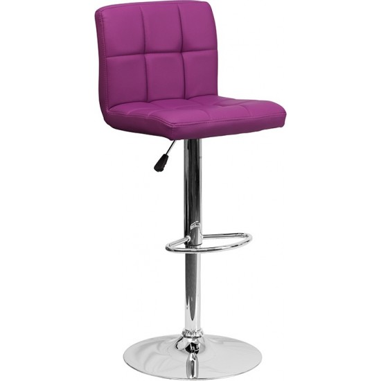 Contemporary Purple Quilted Vinyl Adjustable Height Barstool with Chrome Base