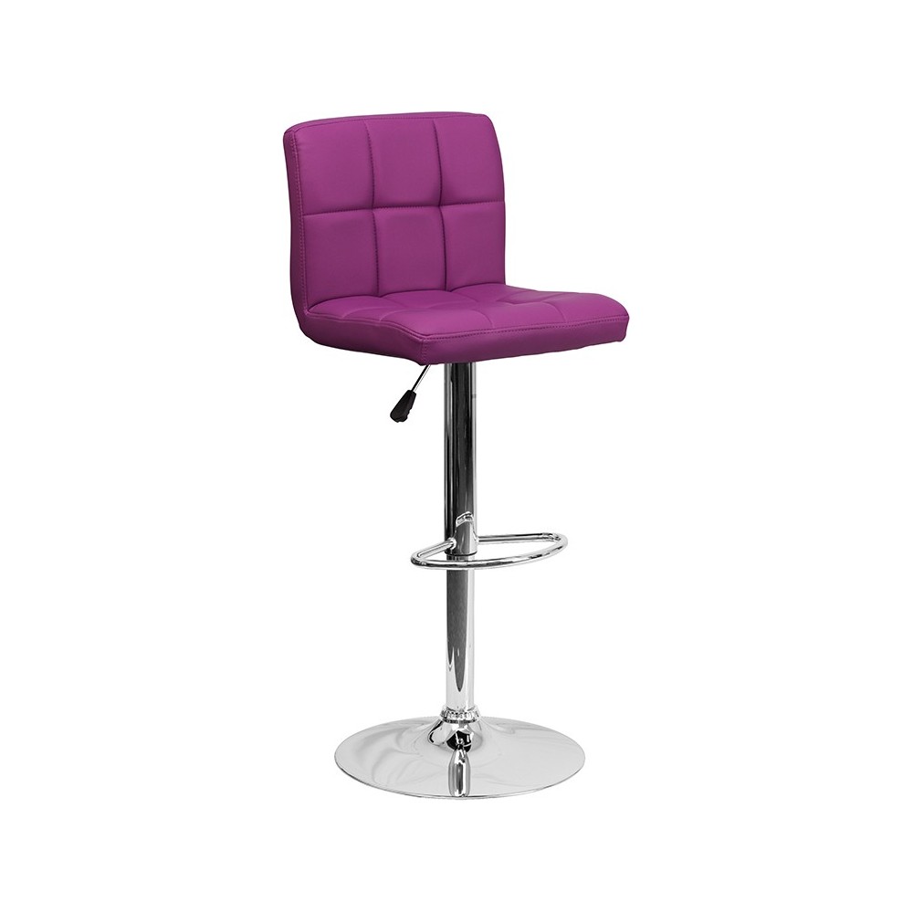 Contemporary Purple Quilted Vinyl Adjustable Height Barstool with Chrome Base