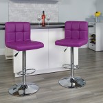 Contemporary Purple Quilted Vinyl Adjustable Height Barstool with Chrome Base