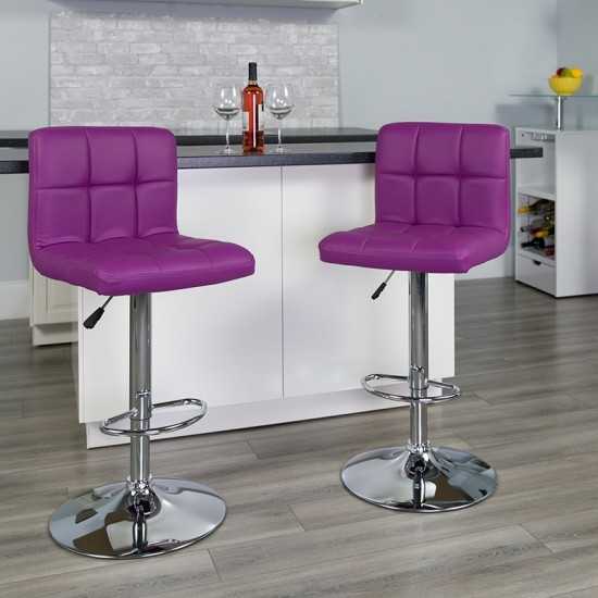 Contemporary Purple Quilted Vinyl Adjustable Height Barstool with Chrome Base