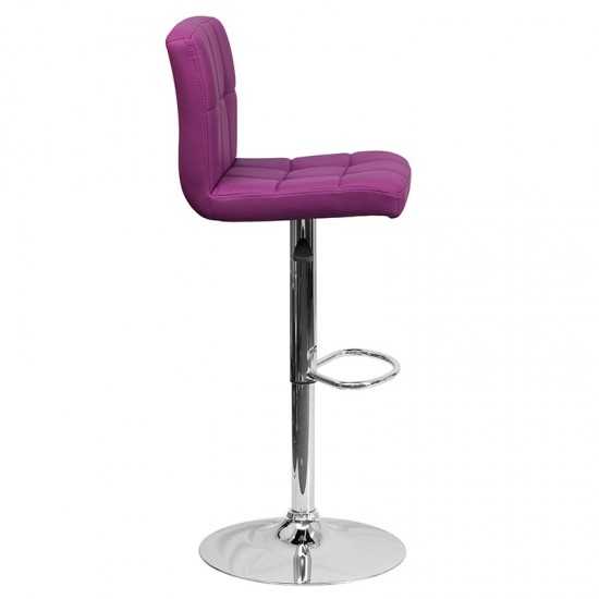 Contemporary Purple Quilted Vinyl Adjustable Height Barstool with Chrome Base