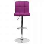 Contemporary Purple Quilted Vinyl Adjustable Height Barstool with Chrome Base