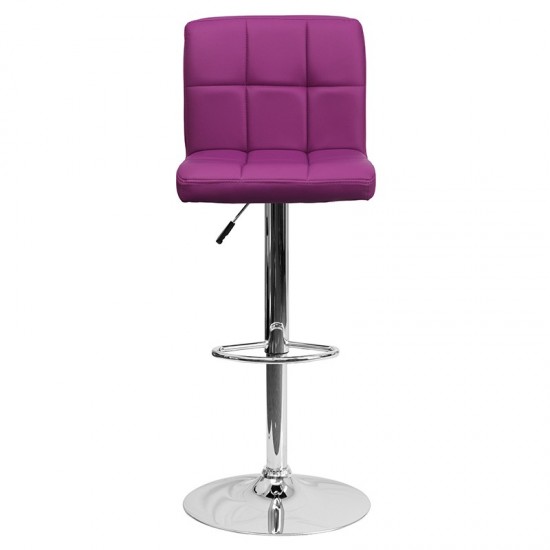 Contemporary Purple Quilted Vinyl Adjustable Height Barstool with Chrome Base