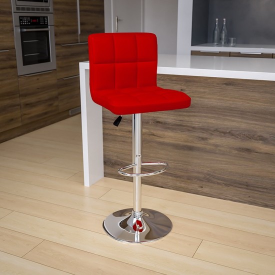 Contemporary Red Quilted Vinyl Adjustable Height Barstool with Chrome Base