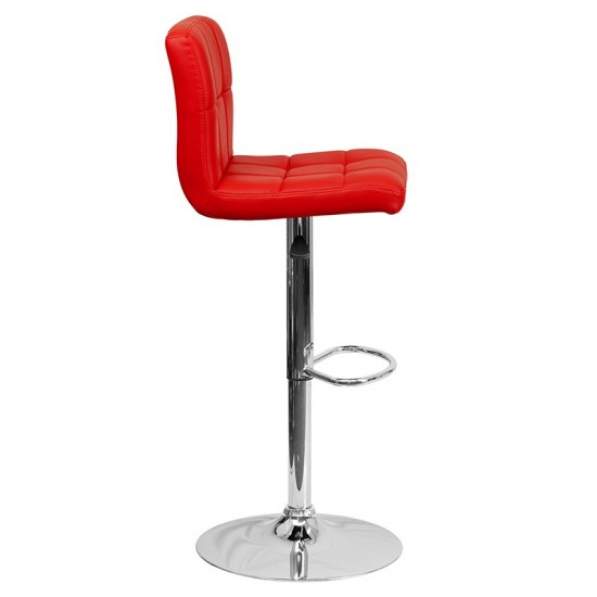 Contemporary Red Quilted Vinyl Adjustable Height Barstool with Chrome Base