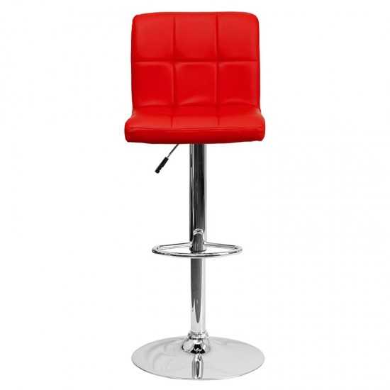 Contemporary Red Quilted Vinyl Adjustable Height Barstool with Chrome Base