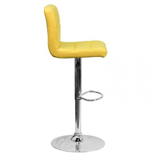 Contemporary Yellow Quilted Vinyl Adjustable Height Barstool with Chrome Base