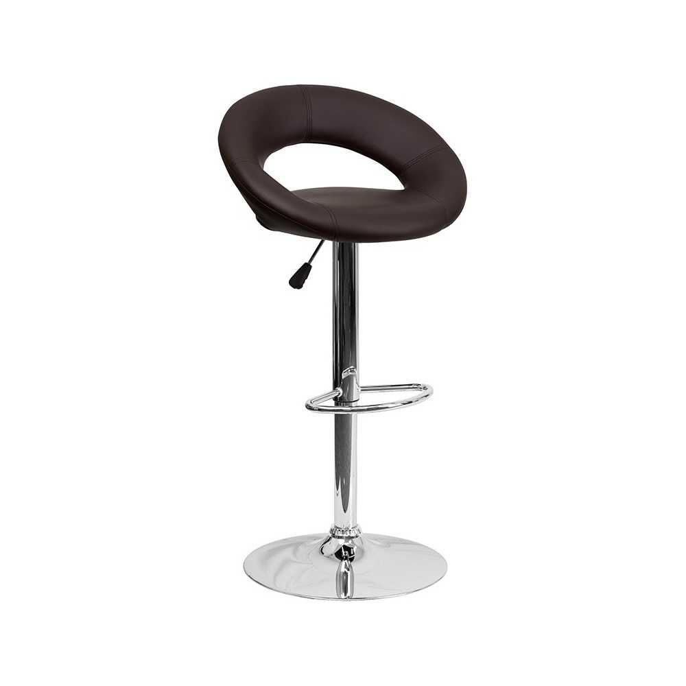 Contemporary Brown Vinyl Rounded Orbit-Style Back Adjustable Height Barstool with Chrome Base