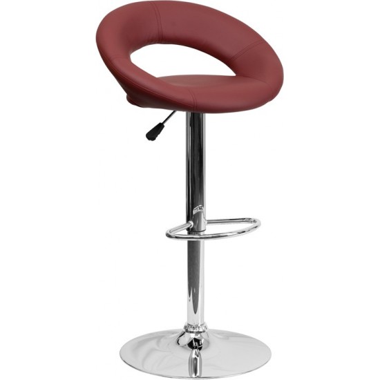 Contemporary Burgundy Vinyl Rounded Orbit-Style Back Adjustable Height Barstool with Chrome Base