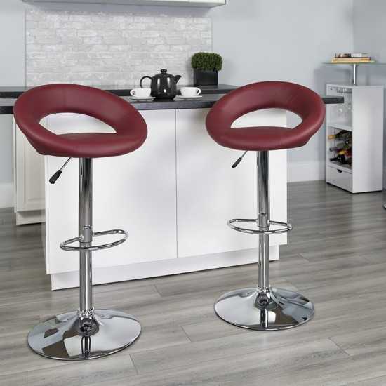 Contemporary Burgundy Vinyl Rounded Orbit-Style Back Adjustable Height Barstool with Chrome Base