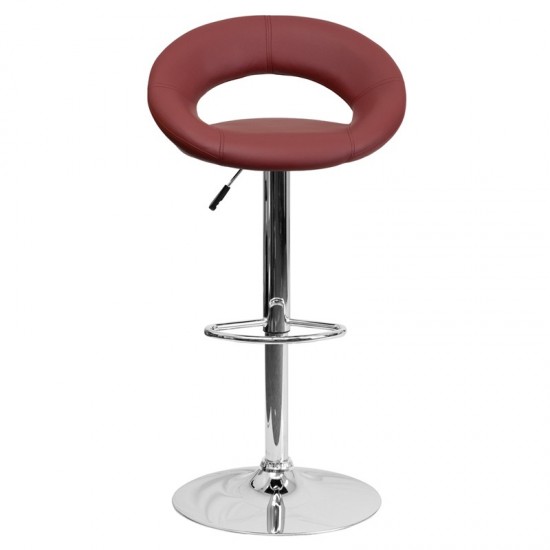 Contemporary Burgundy Vinyl Rounded Orbit-Style Back Adjustable Height Barstool with Chrome Base