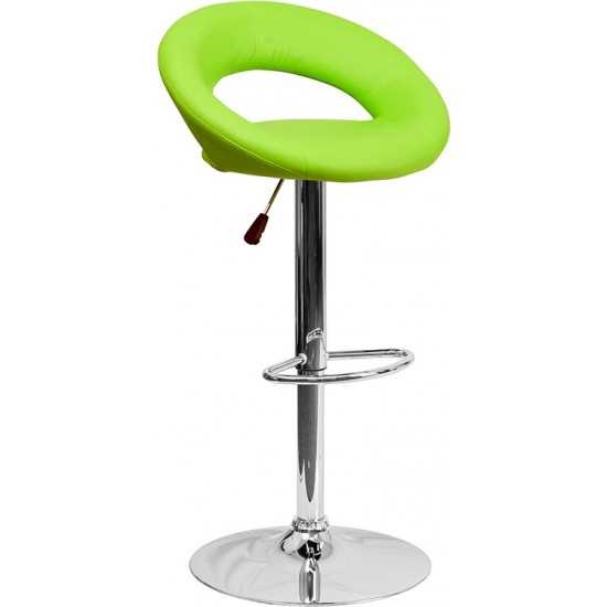 Contemporary Green Vinyl Rounded Orbit-Style Back Adjustable Height Barstool with Chrome Base