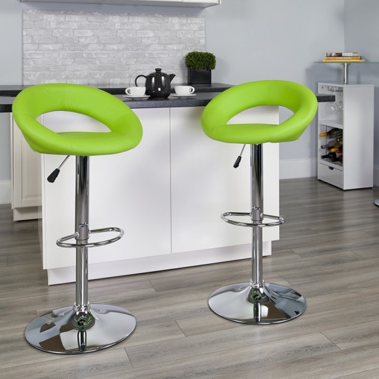 Contemporary Green Vinyl Rounded Orbit-Style Back Adjustable Height Barstool with Chrome Base