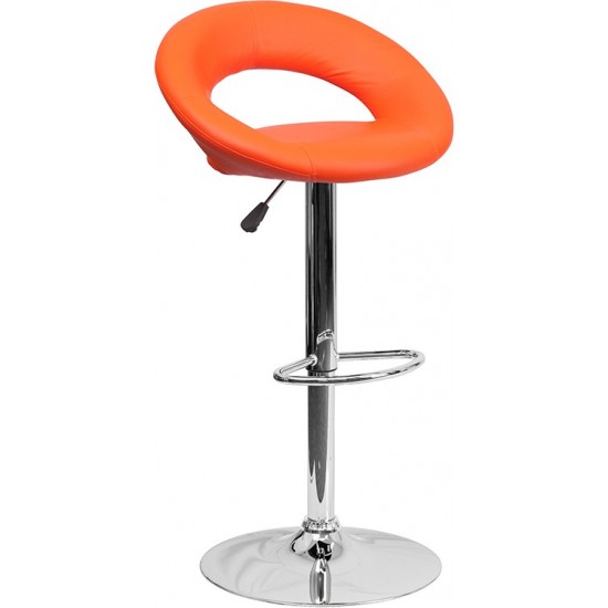 Contemporary Orange Vinyl Rounded Orbit-Style Back Adjustable Height Barstool with Chrome Base