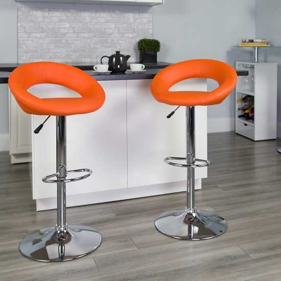 Contemporary Orange Vinyl Rounded Orbit-Style Back Adjustable Height Barstool with Chrome Base