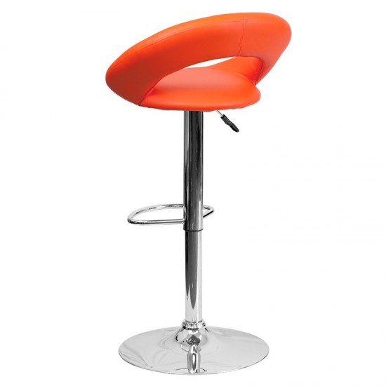 Contemporary Orange Vinyl Rounded Orbit-Style Back Adjustable Height Barstool with Chrome Base