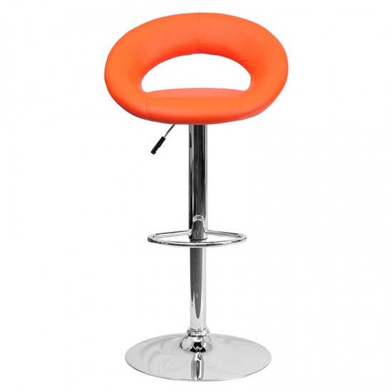 Contemporary Orange Vinyl Rounded Orbit-Style Back Adjustable Height Barstool with Chrome Base