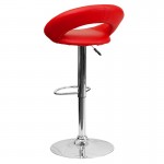 Contemporary Red Vinyl Rounded Orbit-Style Back Adjustable Height Barstool with Chrome Base