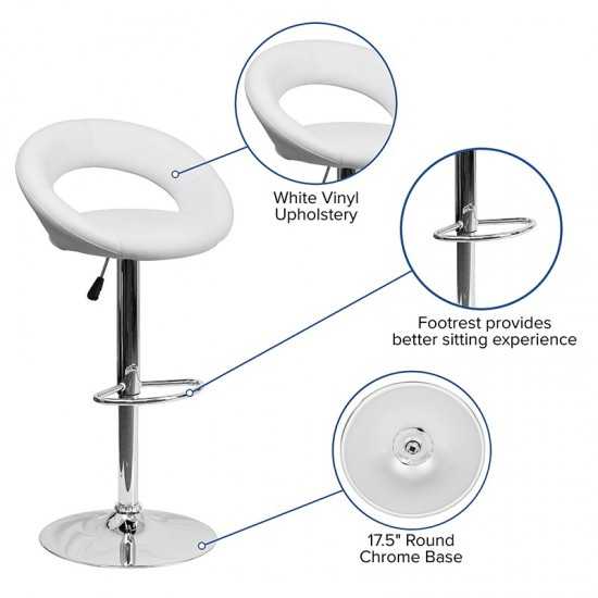 Contemporary White Vinyl Rounded Orbit-Style Back Adjustable Height Barstool with Chrome Base