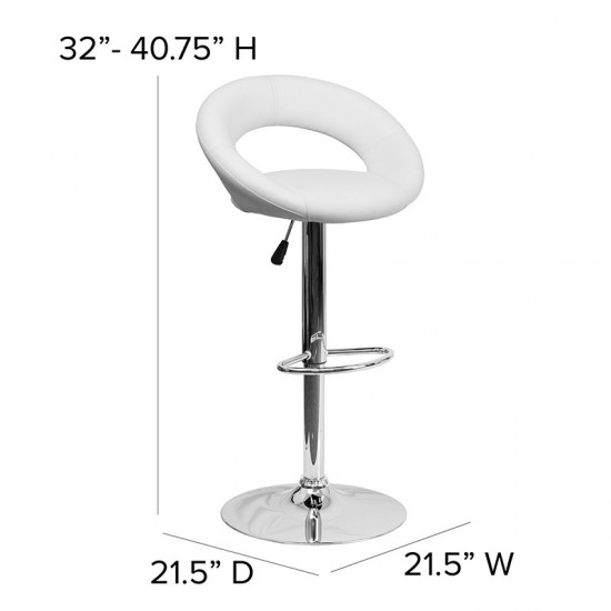 Contemporary White Vinyl Rounded Orbit-Style Back Adjustable Height Barstool with Chrome Base