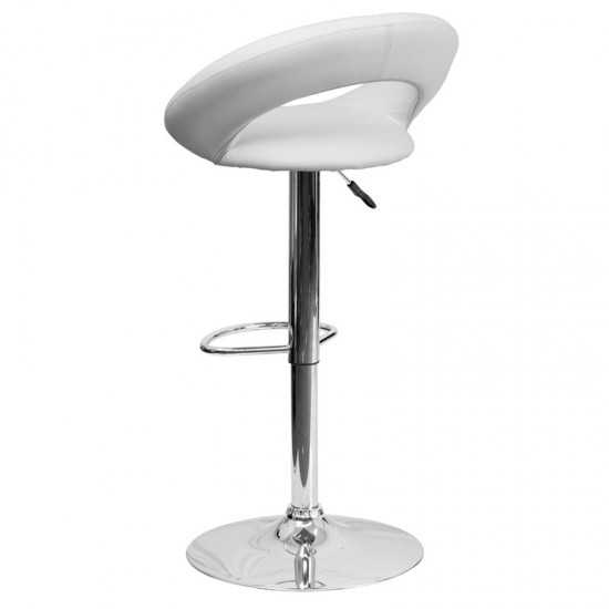 Contemporary White Vinyl Rounded Orbit-Style Back Adjustable Height Barstool with Chrome Base