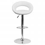 Contemporary White Vinyl Rounded Orbit-Style Back Adjustable Height Barstool with Chrome Base