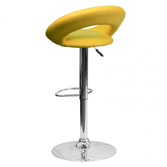 Contemporary Yellow Vinyl Rounded Orbit-Style Back Adjustable Height Barstool with Chrome Base