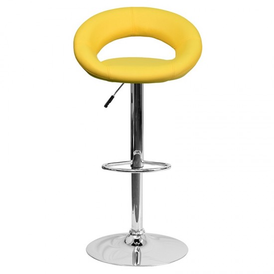 Contemporary Yellow Vinyl Rounded Orbit-Style Back Adjustable Height Barstool with Chrome Base