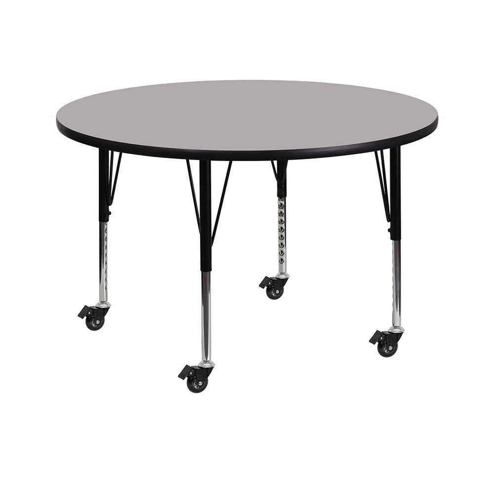 Mobile 48'' Round Grey HP Laminate Activity Table - Height Adjustable Short Legs